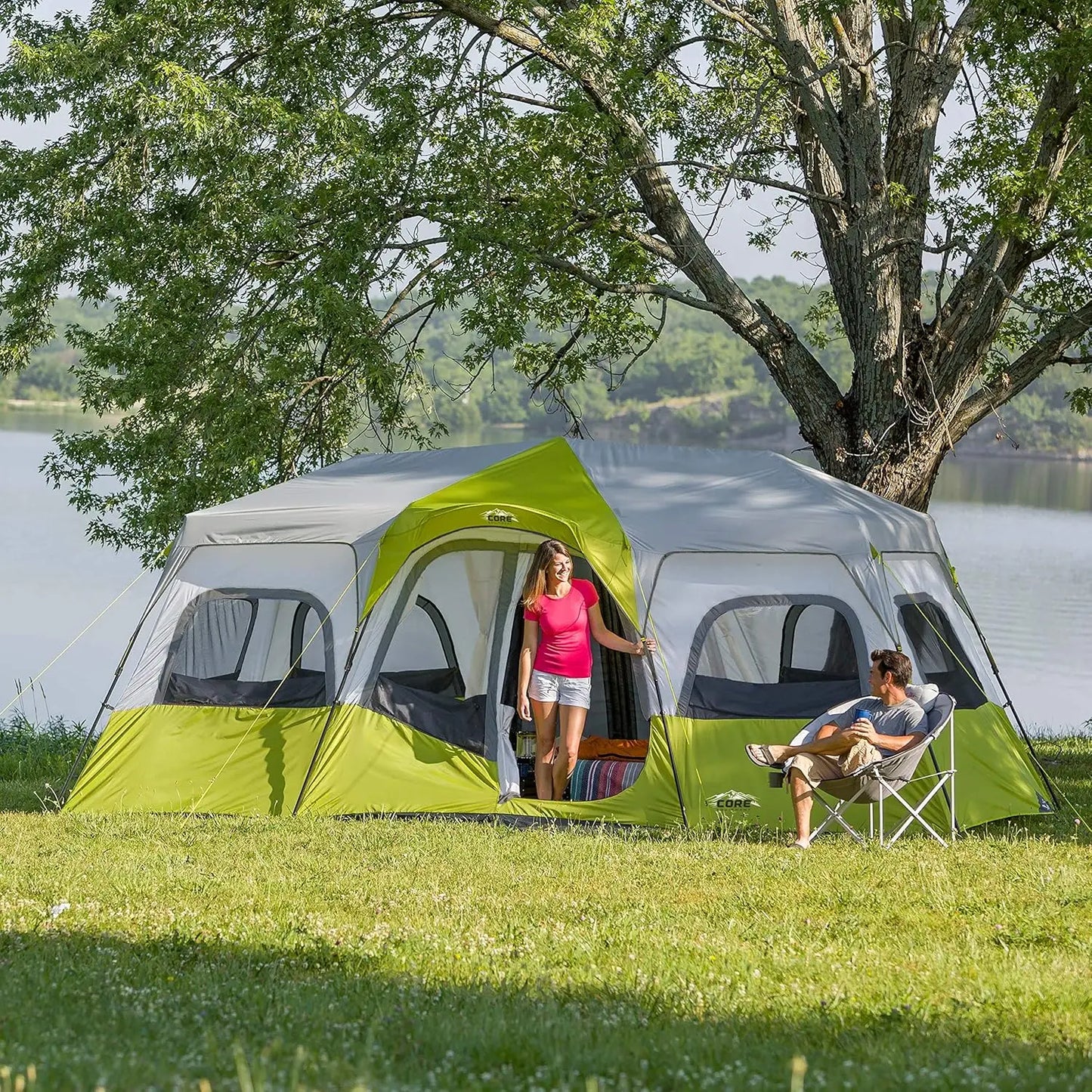 CORE 12-person instant cabin tent with 3 rooms and storage pockets, portable and sets up in 2 min