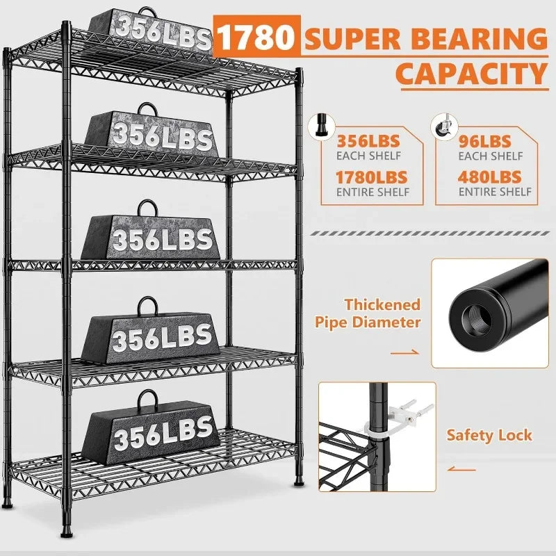 REIBII 73''H Wire Shelving Rack 5-Tier Metal Shelving Unit Loads 1780LBS Adjustable Heavy Duty