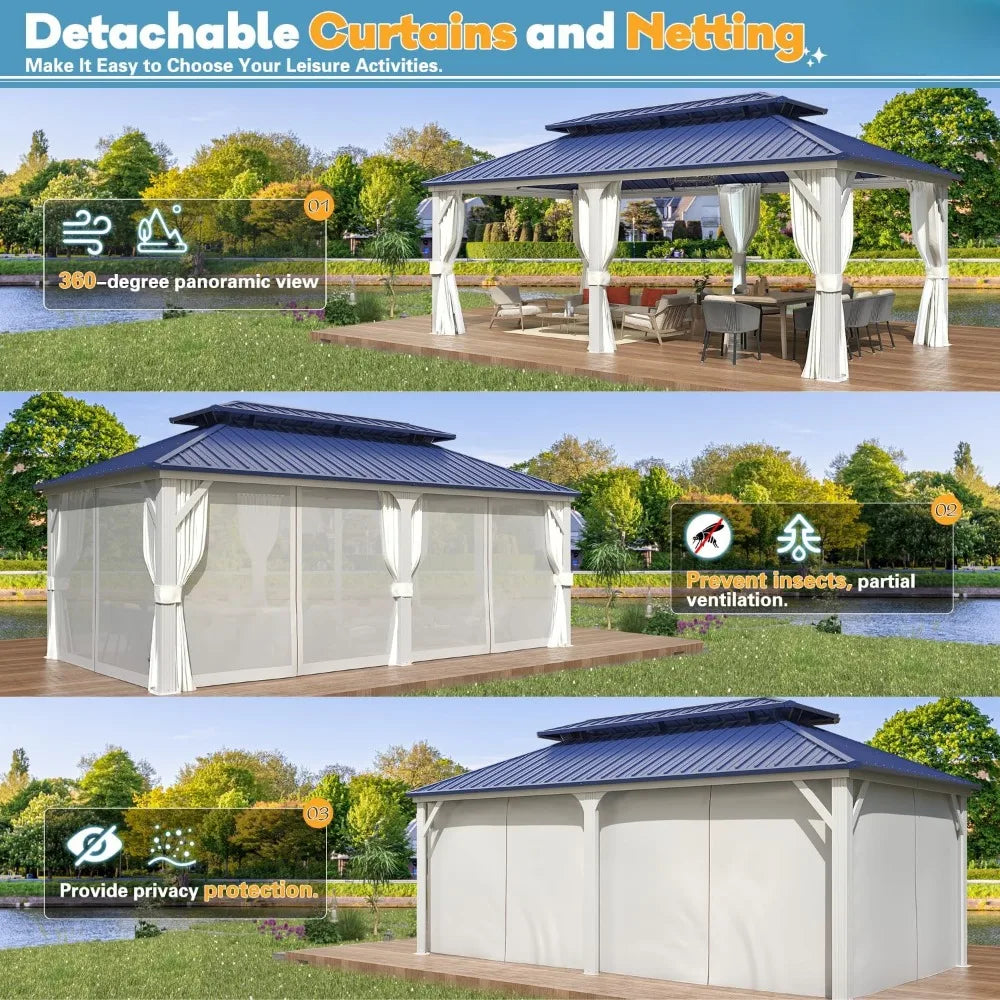 12'x20' Gazebo Hardtop, Galvanized Steel Double Roof Metal w/Aluminum Frame, Permanent Pavilion