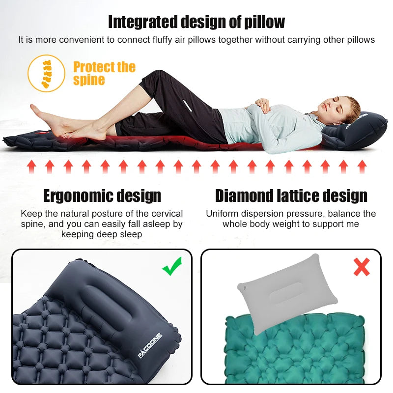 PACOONE Camping Inflatable Mattress Built-in Pump Ultralight Air Cushion Travel Mat With Headrest