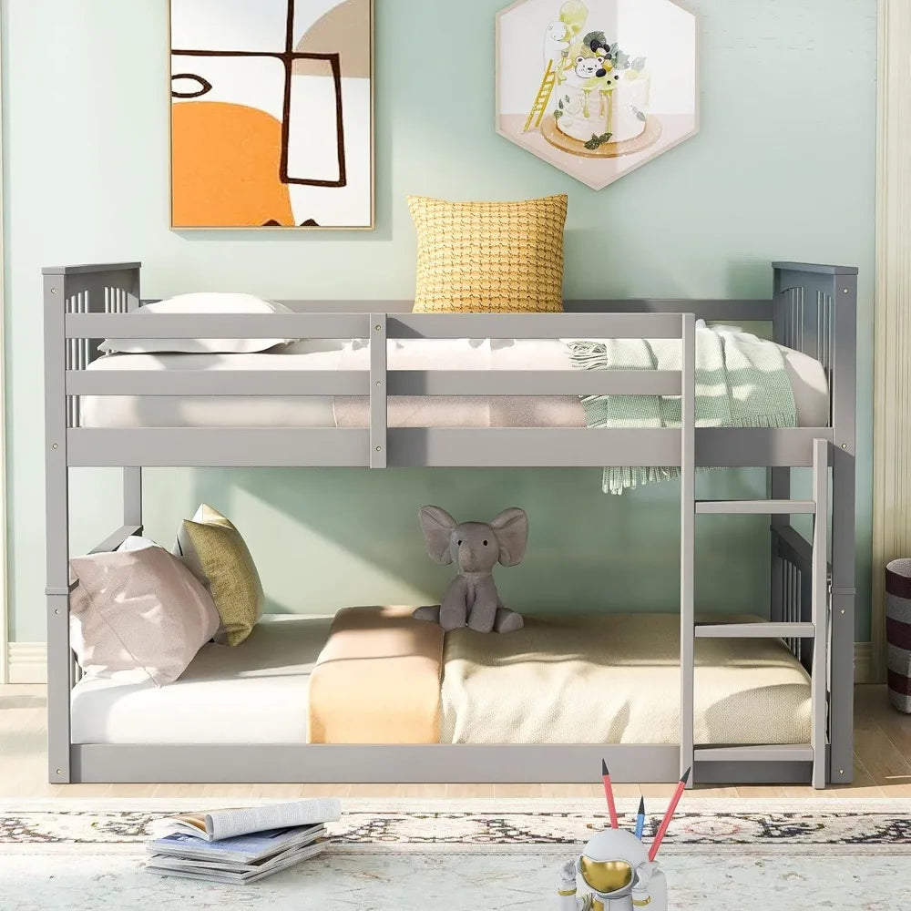 Designs Full Over Full Low Bunk Bed with Headboard and Footboard, Wooden Bunk Bed with Ladder