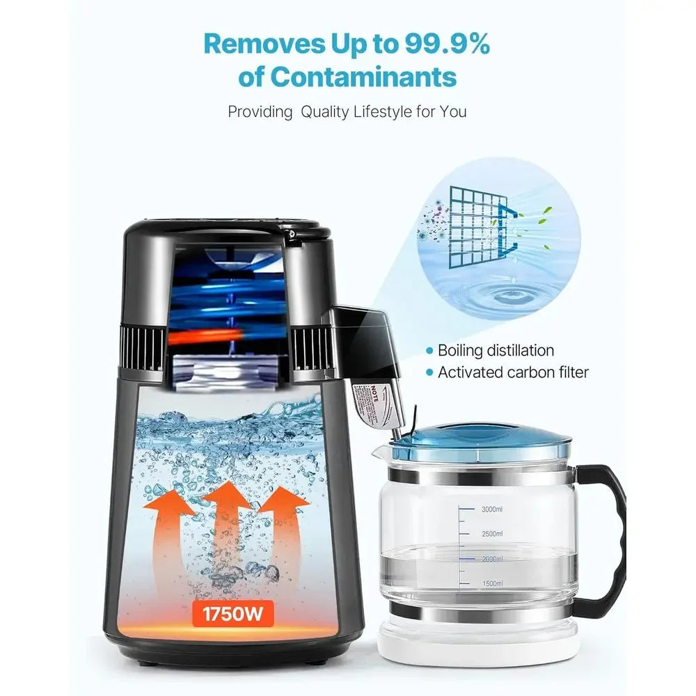 1.1 Gallon Glass Countertop Water Distiller, 1750W, 0.4 Gallons/Hour, 4L Capacity, Timer & Temp Display
