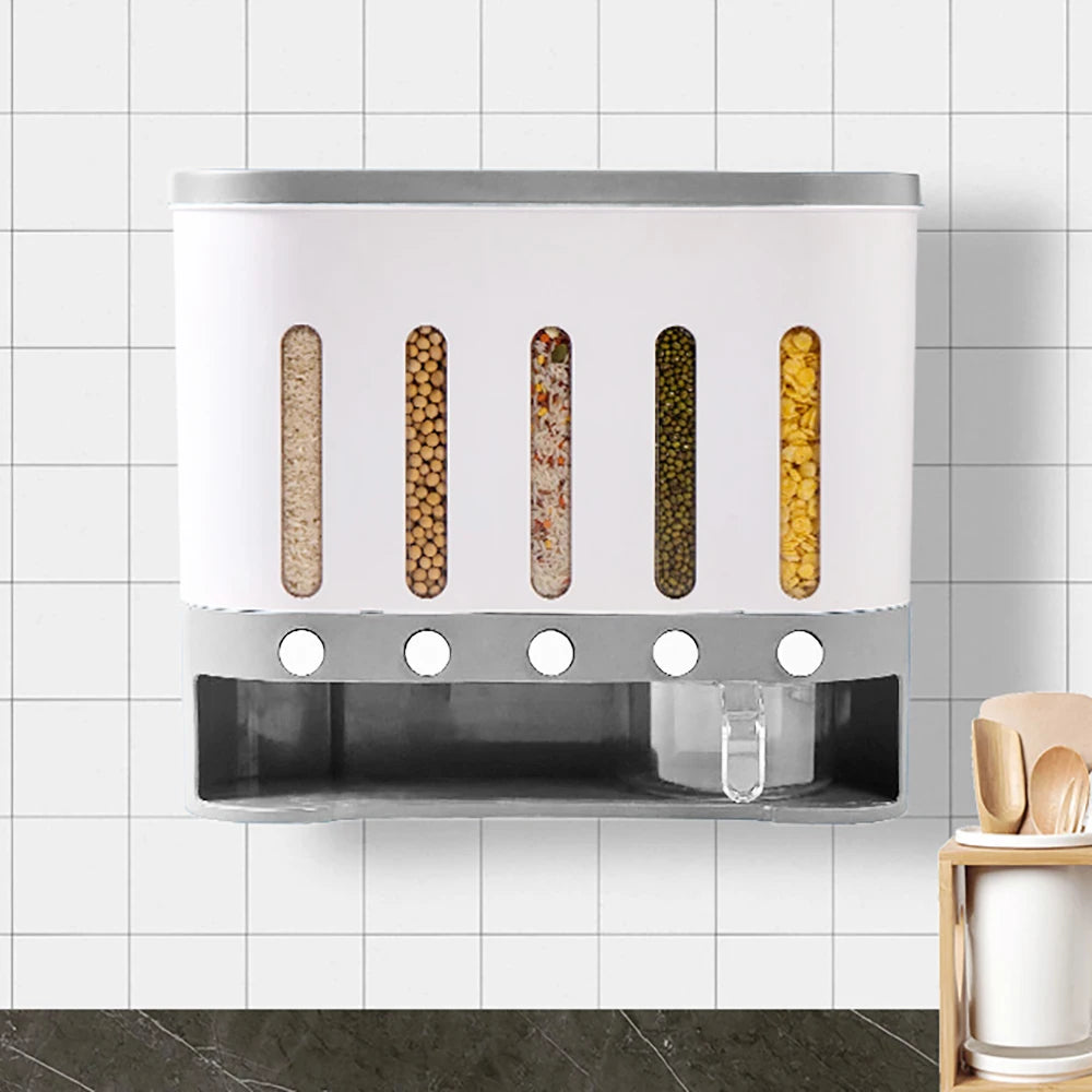 Wall Mounted Dry Food Cereal Dispenser 5 Grid 10L Storage Free Control Of Output Box, Kitchen