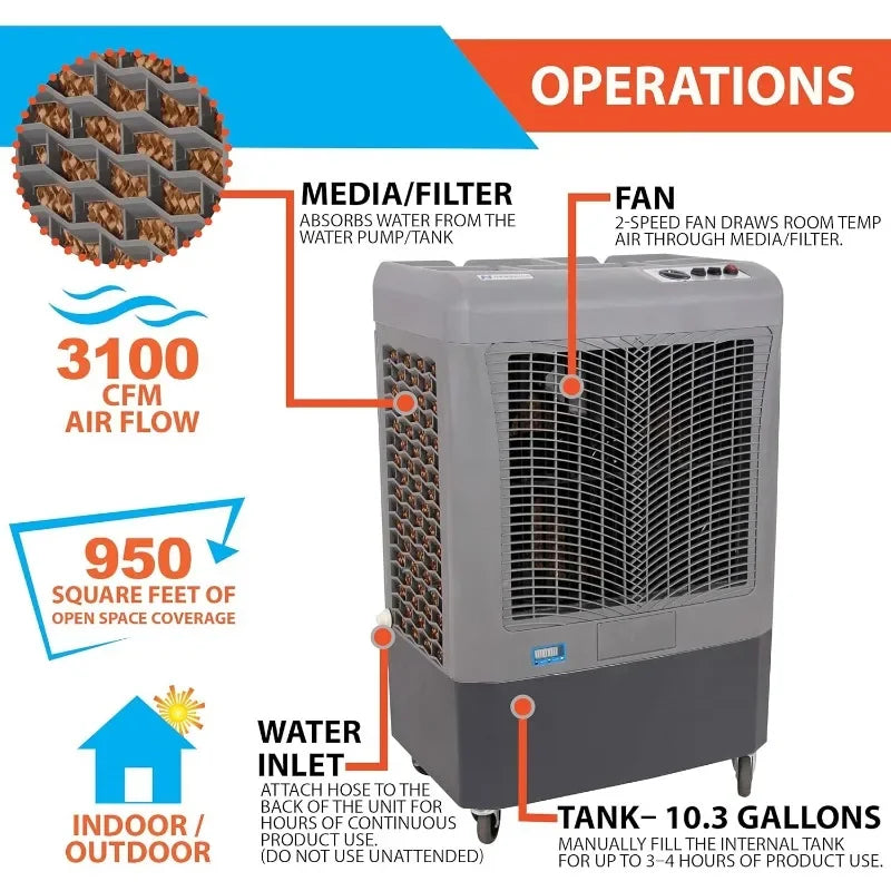 Hessaire Portable Swamp Coolers 3100 CFM MC37M Evaporative Air w/3-Speed Fan - 950 sq. ft.