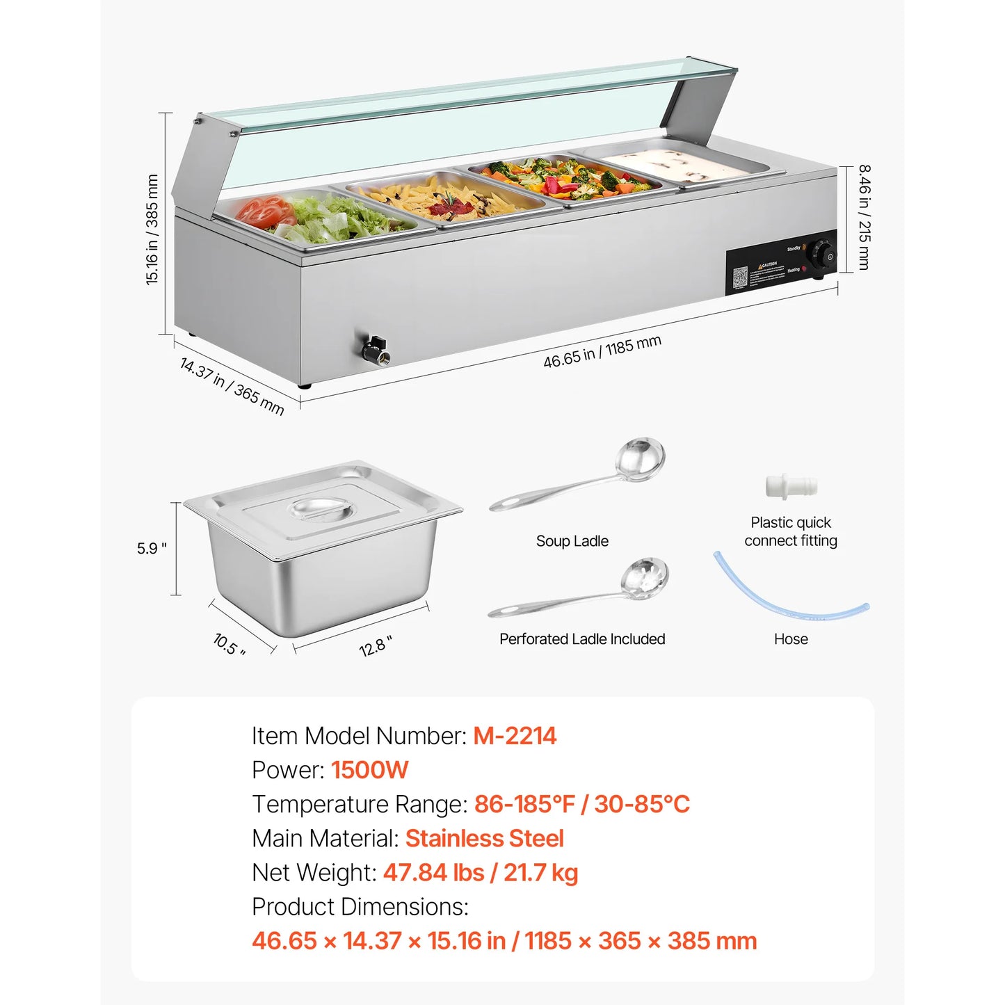 SucceBuy Commercial Food Warmer Electric Stainless Steel Steam Food Warmer with Glass Cover 3-Pan