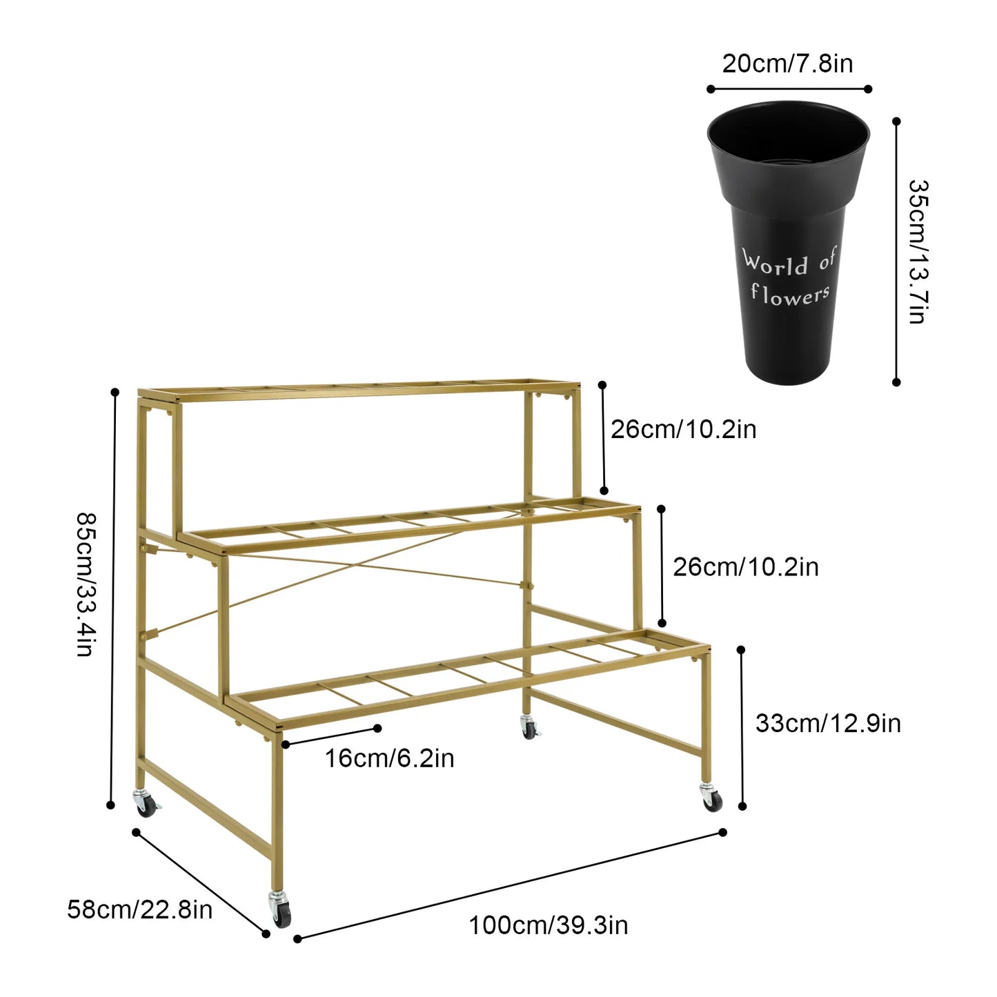 3 Layers Flower Display Stand with 12PCS Black Buckets,Metal Moving Plant Stand w/Wheels Display