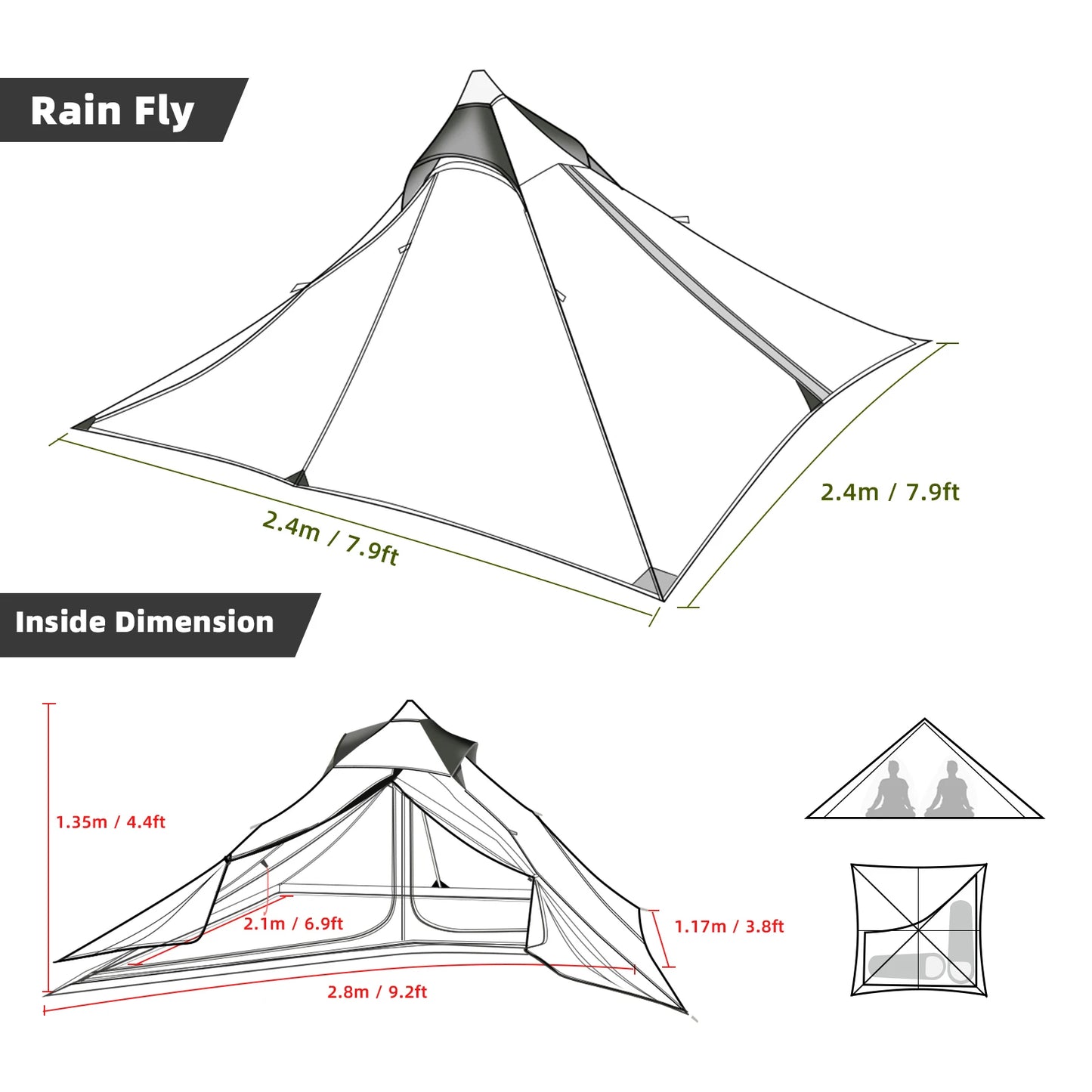 Camping Tent for 1-2 Persons Lightweight Waterproof Teepee Tent Pyramid Tent