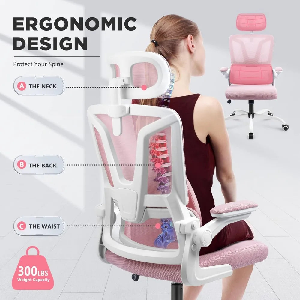 Rocking Office Desk Chair Pink Ergonomic Office Chair W/ Lumbar Support Pillow