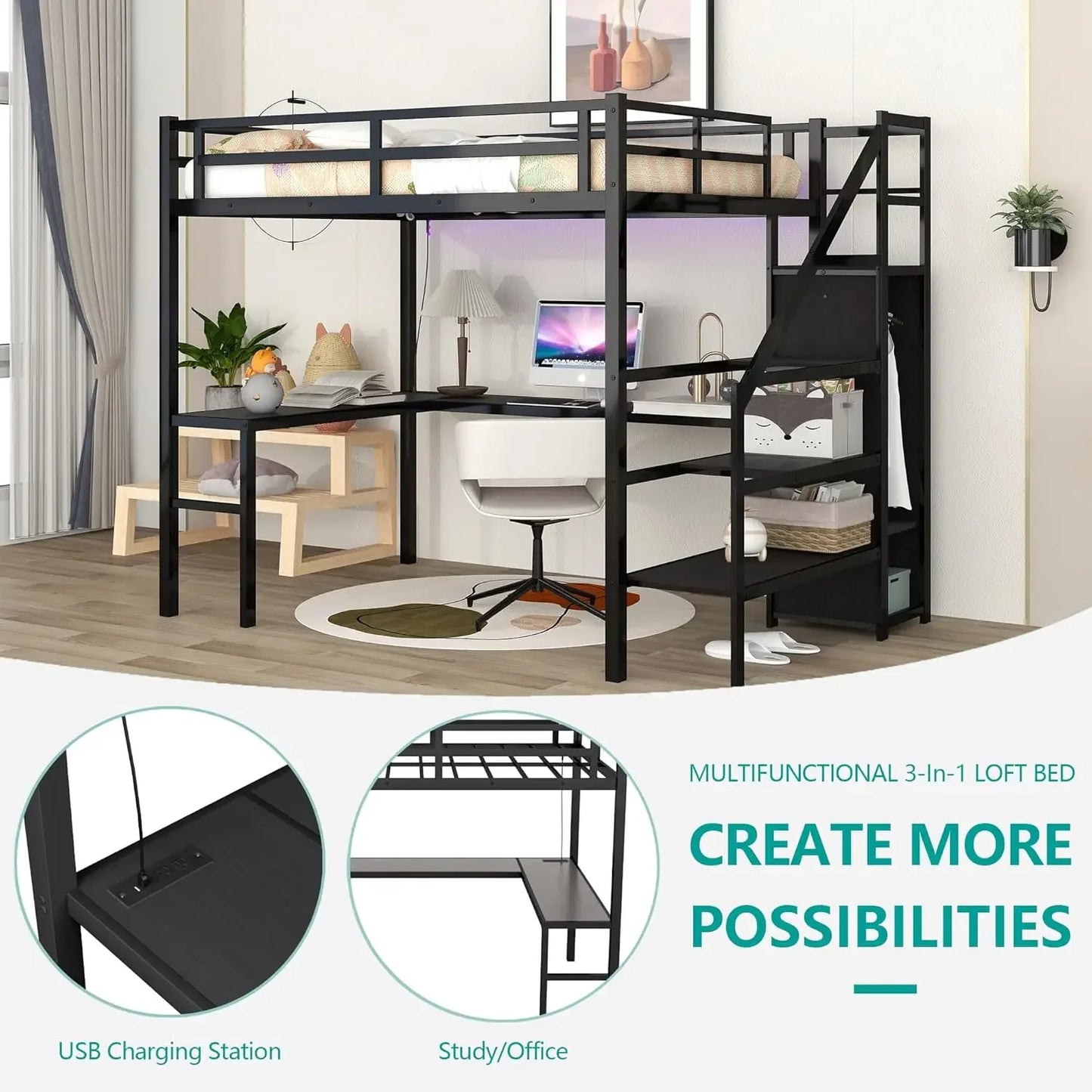 Full Size Loft Bed w/Desk Storage Stairs & Wardrobe Full Loft Bed w/Charging Station(USB & Outlets)