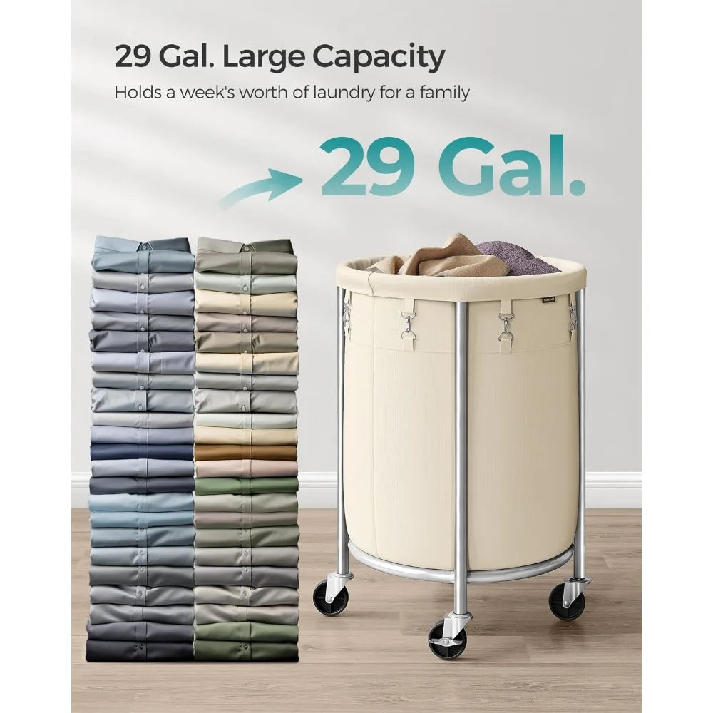 SONGMICS Laundry Basket with Wheels, Rolling Laundry Hamper, 29 Gal w/ Steel Frame and Removable Bag