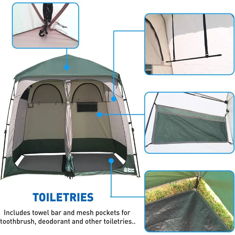Portable Outdoor Pop-Up Shower Tent with Changing Room - 2-Room Enclosure - 7.5' x 4' x 7.5', Green