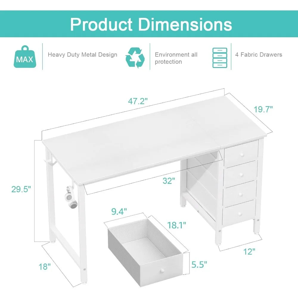 White Computer Desk with Drawers - 47 Inch Study Work Writing Desk for Home Office Bedroom