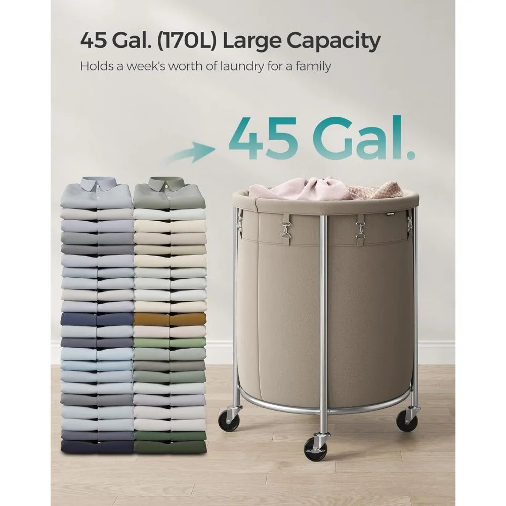 SONGMICS Laundry Basket with Wheels, Rolling Laundry Hamper, 29 Gal w/ Steel Frame and Removable Bag