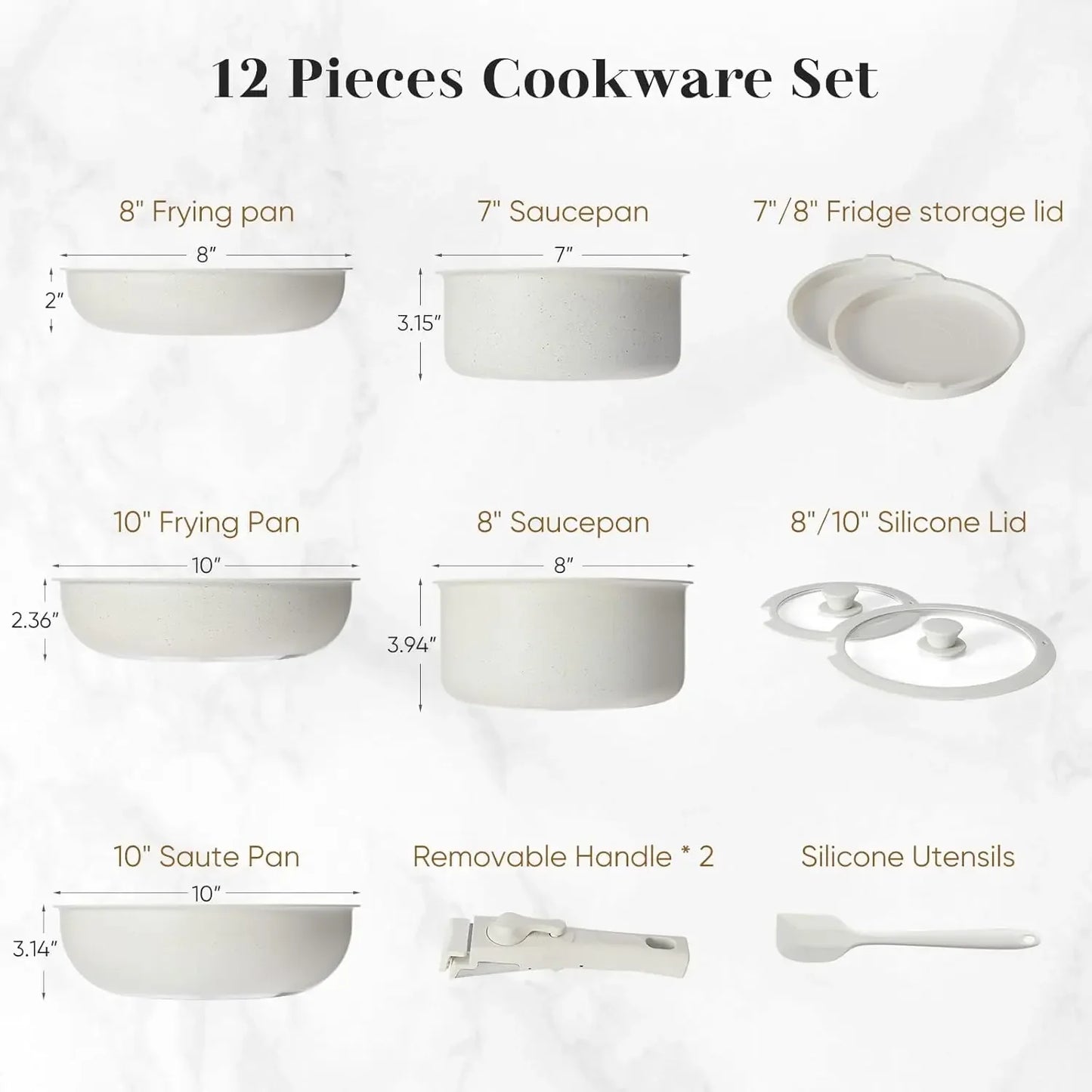 12pcs Pots and Pans Set - Nonstick Cookware Sets with Detachable Handle - Beige