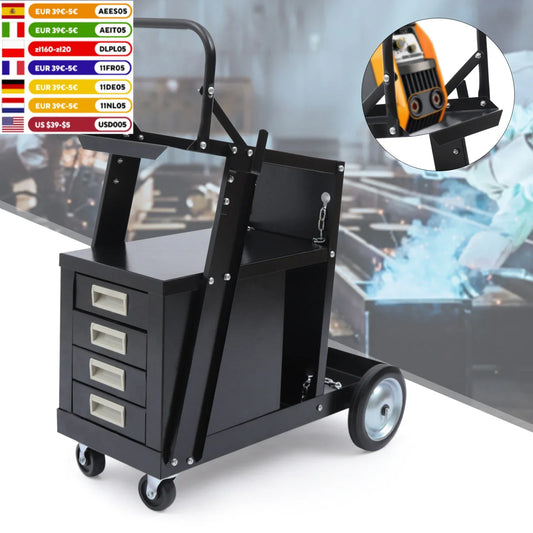 Black Heavy Duty Rolling Welding Cart, With 4 Drawers & Upgraded Wheels & Tank Storage