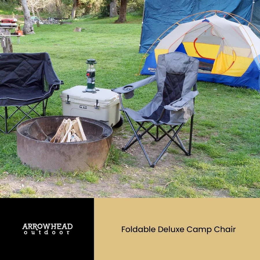 ARROWHEAD OUTDOOR Portable Deluxe Folding Camp Quad Chair w/Headrest Glass and Cup Holders Armrest