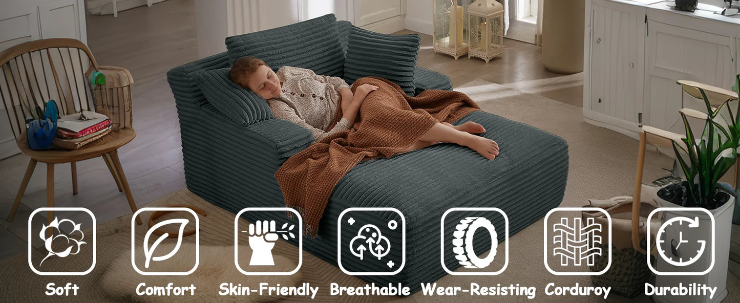 Oversized Chaise Lounge Chair with 3 Comfy Pillows for Living Room Bedroom, Wide Arms Corduroy