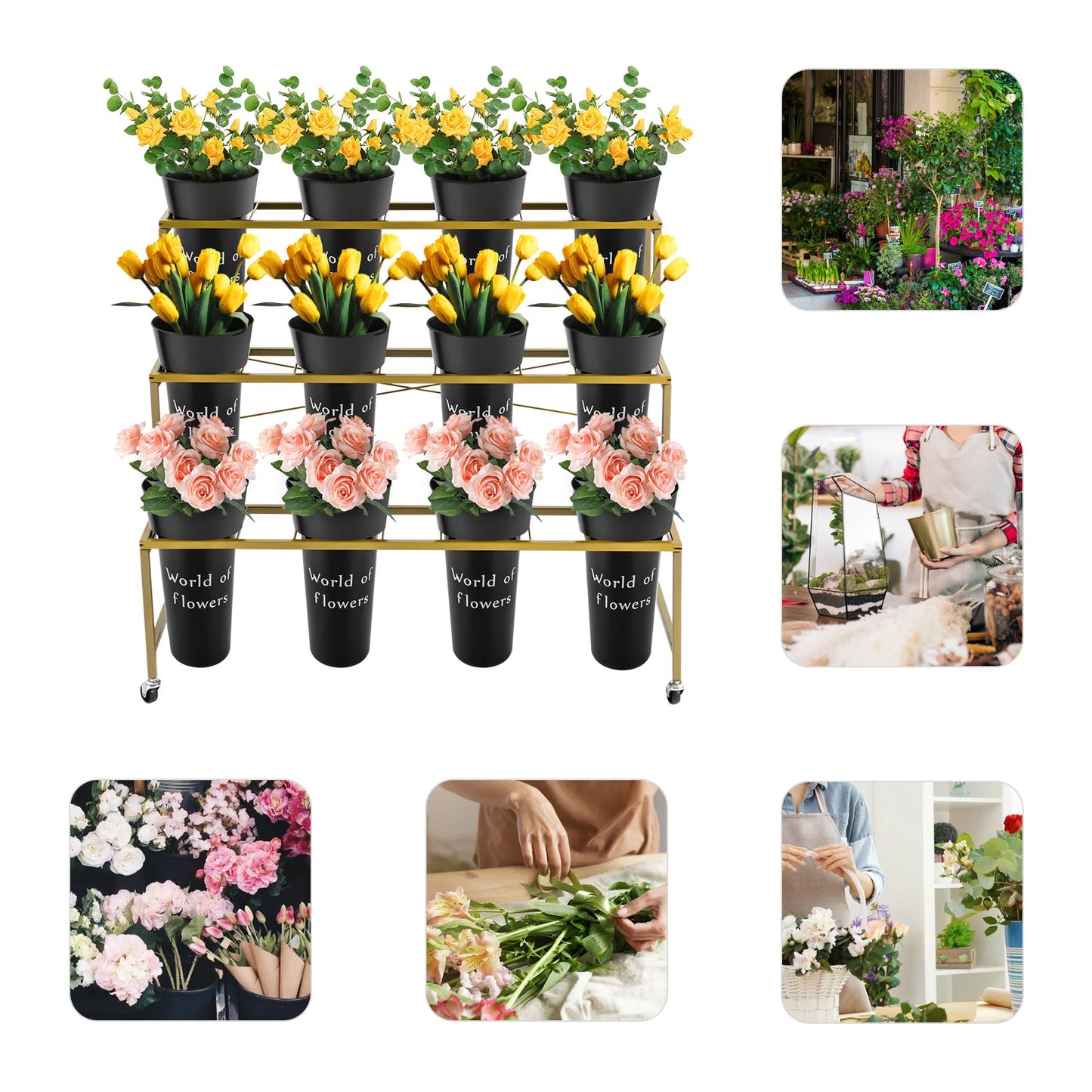 3 Layers Flower Display Stand with 12PCS Black Buckets,Metal Moving Plant Stand w/Wheels Display