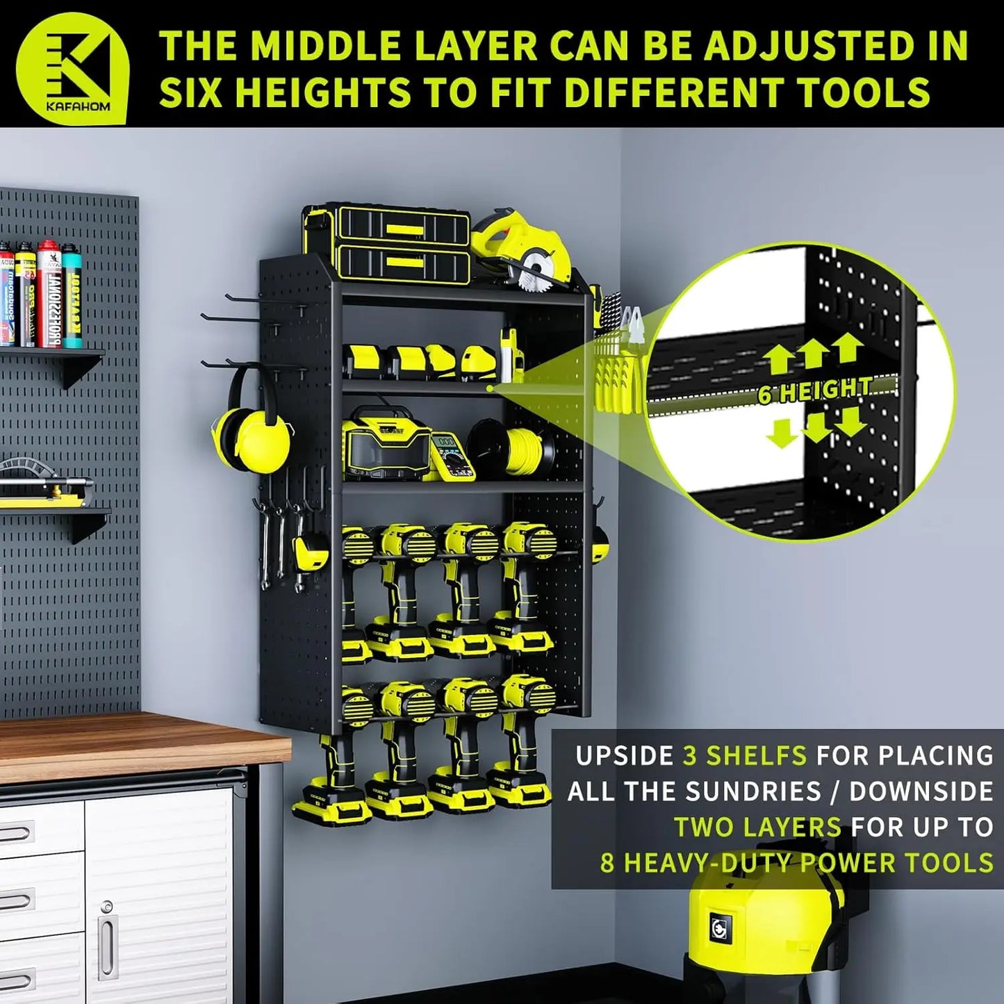 Power Tool Organizer Large 8 Drill Holder Wall Mount/2 Side Pegboards 5 Layer Metal Tool 12 Hooks