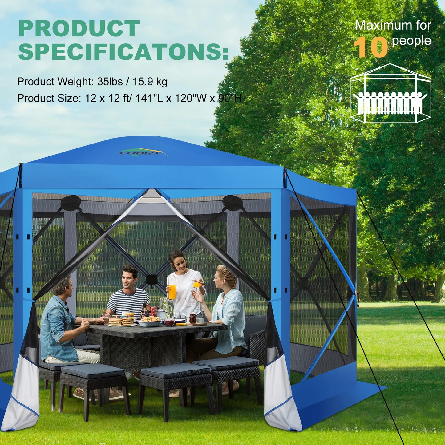 Pop Up Gazebo 12'x12' 6-Sided Screen House Tent for Camping, Instant Stargazing Gazebo Canopy
