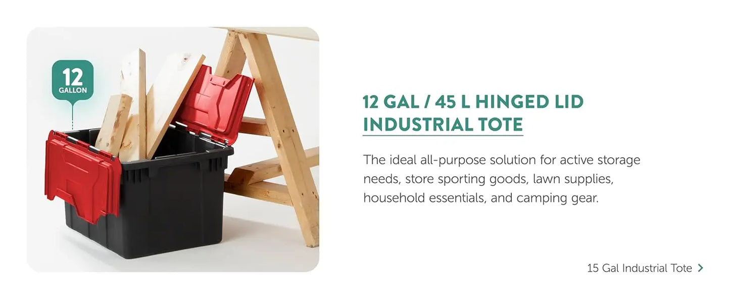 6 Pack Hinged Lid Industrial Totes, 12 Gal Stackable Storage Bins, Black/Red Lid