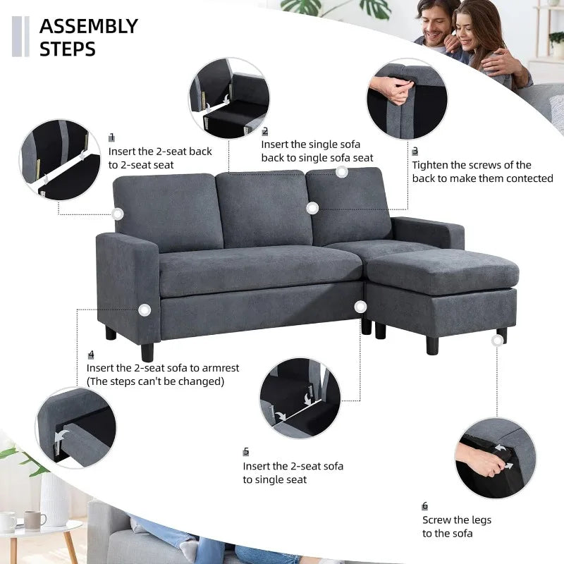 79" Convertible Sectional Sofa Couch, Modern L-Shaped , 3-Seat Sofa Sectional w/ Reversible Chaise