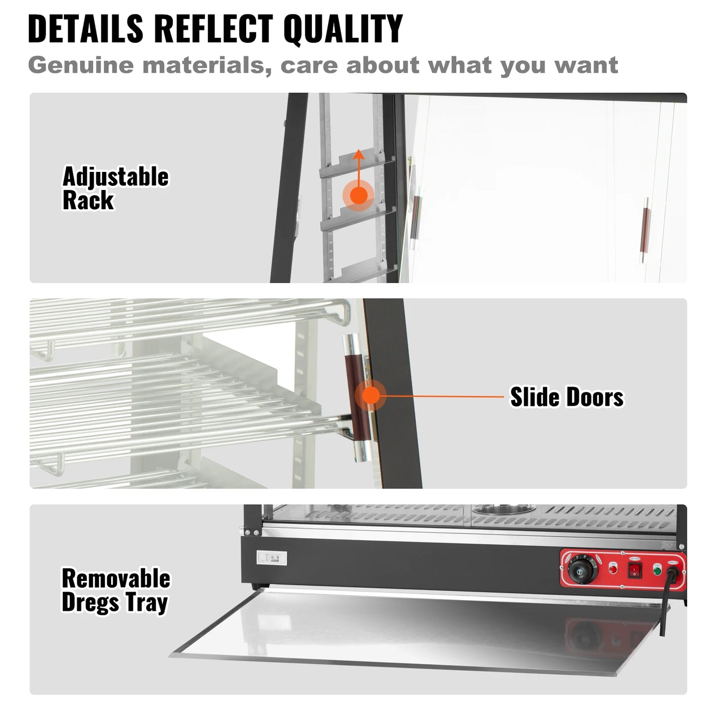 VEVOR Commercial Food Warmer Display Countertop 0.6L Water Tray Stainless Frame Glass Doors