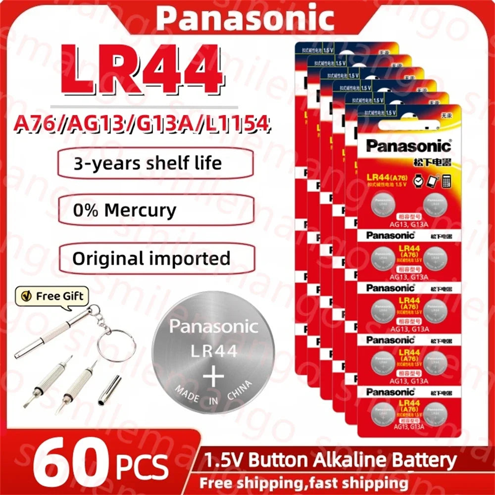 Panasonic 10-100PCS Alkaline Battery LR44 A76 AG13 LR1154 SR44 GP76 1.5V