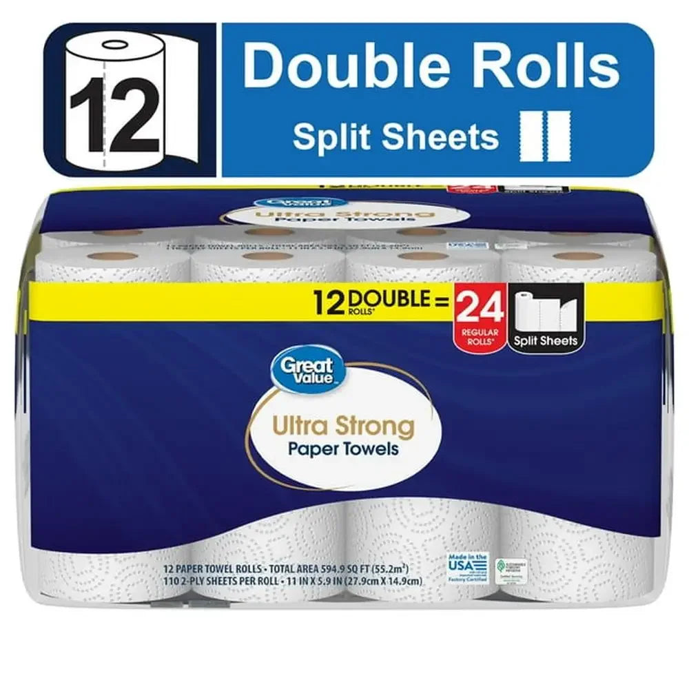 Premium 2-Ply Ultra Strong White Paper Towels 12 Double Roll/Durable Kitchen Towel Split Sheets