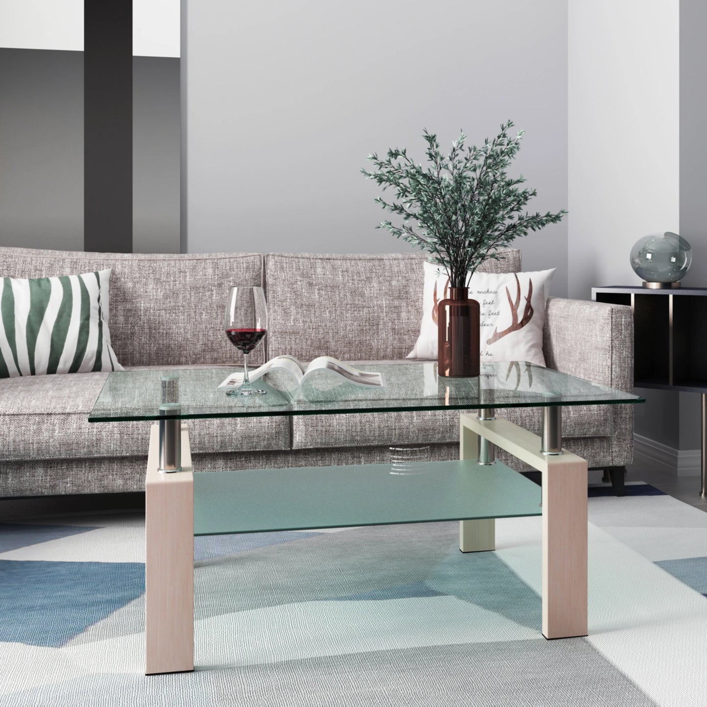 Rectangle Black Glass Coffee Table, Clear Coffee Table, Modern Side Center Tables/Furniture