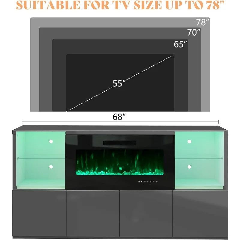 Modern High Gloss 68" Fireplace TV Stand, Entertainment Center & LED Lights for TVs up to 78"