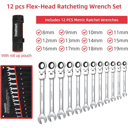 12-Piece Flex-Head Wrench Set, Ratcheting Combination Set, Metric 8-19mm, 72-Teeth,Cr-V Steel/ Bag