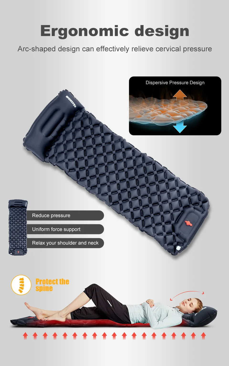 PACOONE Camping Inflatable Mattress Built-in Pump Ultralight Air Cushion Travel Mat With Headrest