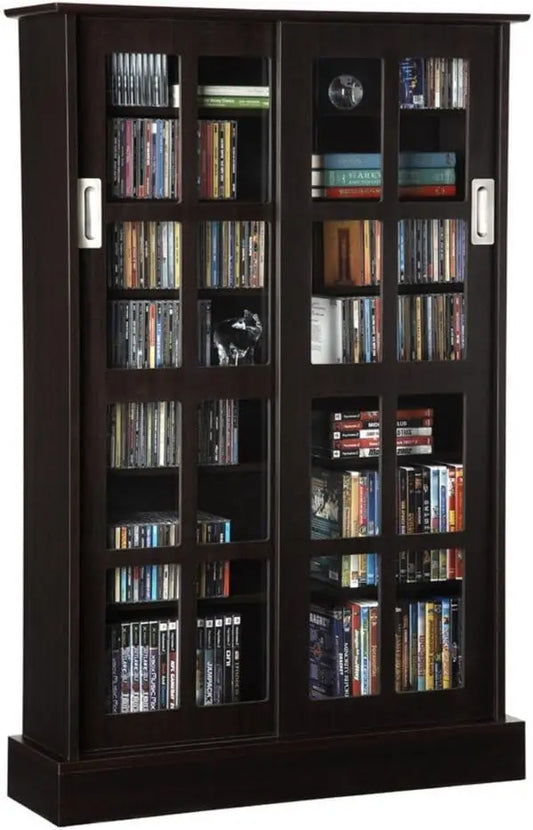 Windowpane Media Storage Cabinet with Tempered Glass Pane Styled Sliding Doors, Holds CD/DVD/Blu-ray