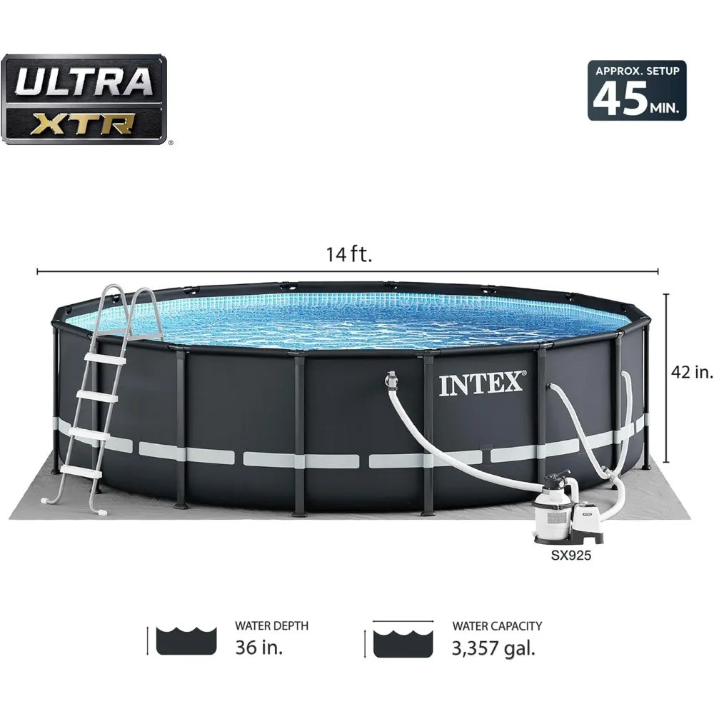 Frame Round Above Ground Outdoor Swimming Pool Set with Sand Filter Pump, Ladder, Ground Cloth