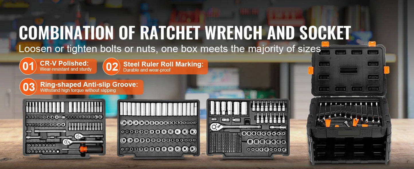 SucceBuy Mechanics Tool Set 1/4" 3/8" 1/2" Drive Deep Standard Sockets 450 Pcs SAE and Metric
