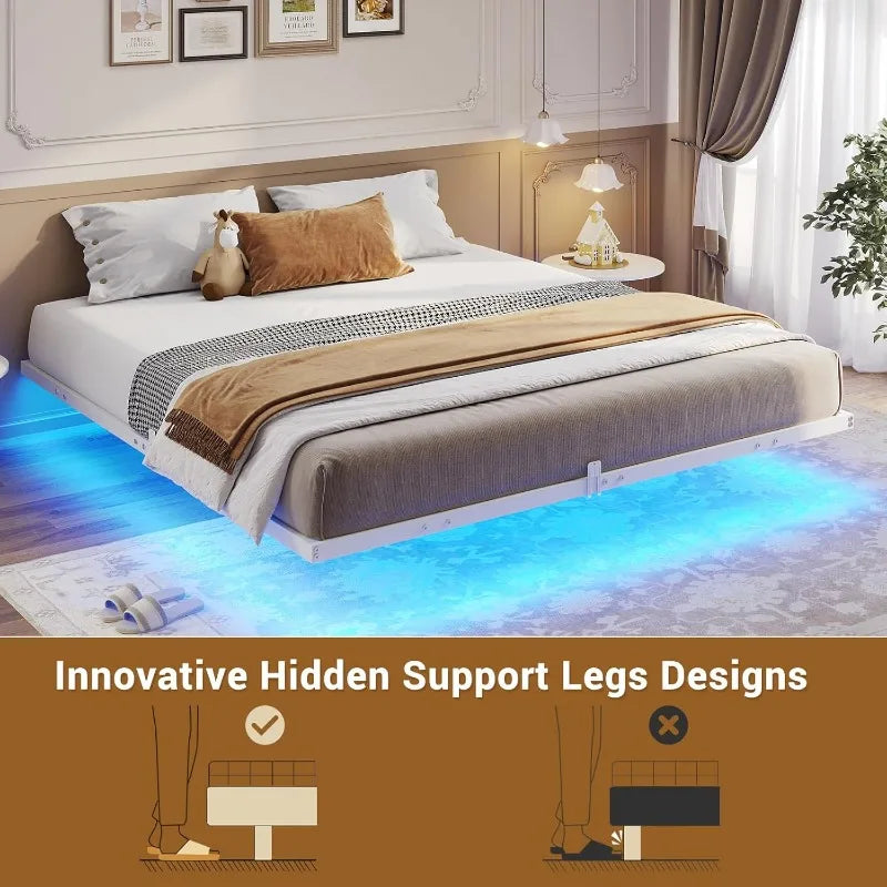 Floating Bed Frame with LED Lights, Metal Platform Full Bed, No Box Spring Needed