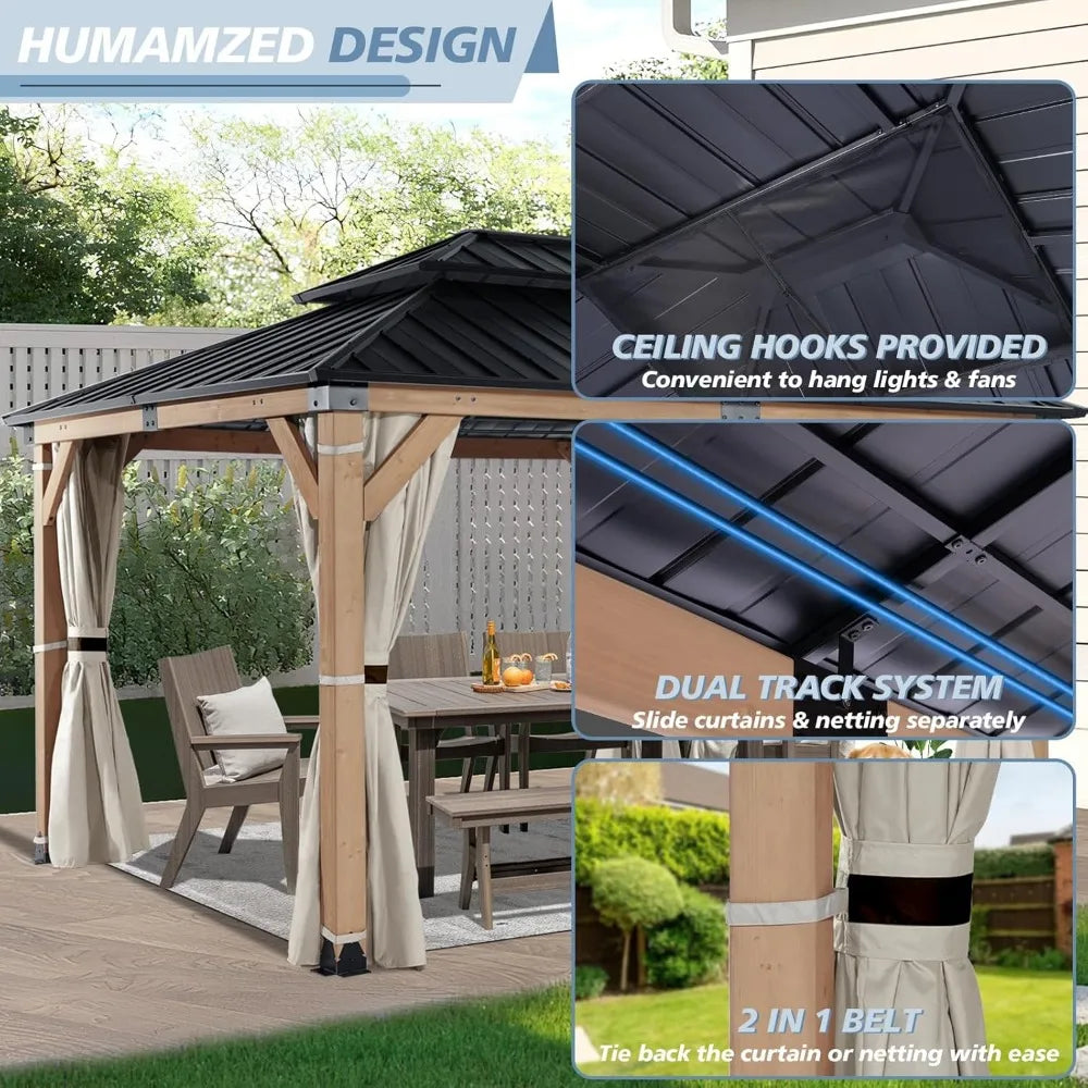 Wood Gazebo 10x12 ft –Gazebo Wooden with Double Metal Roof with Mosquito Netting