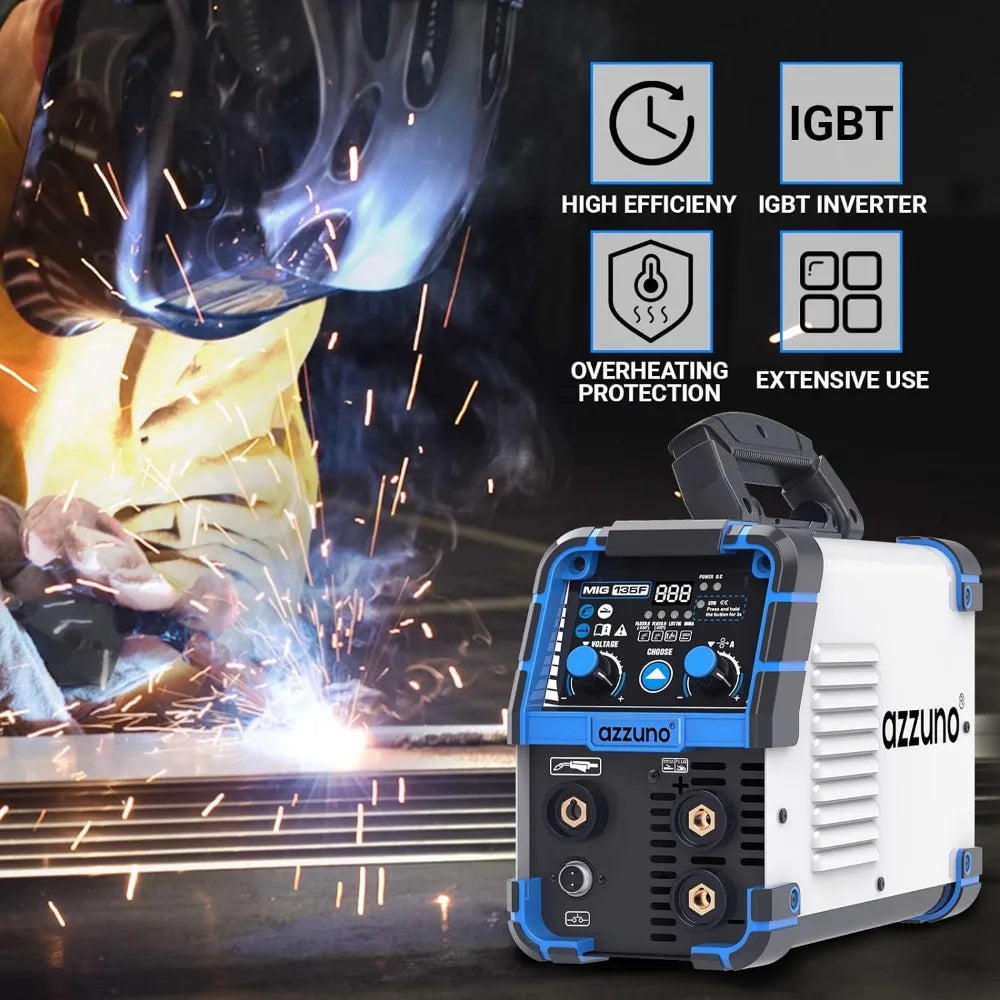 AZZUNO 135 Amp MIG Welder, 3 in 1 Multiprocess Welder 110V Flux Core Welder Flux MIG/Lift TIG/Stick