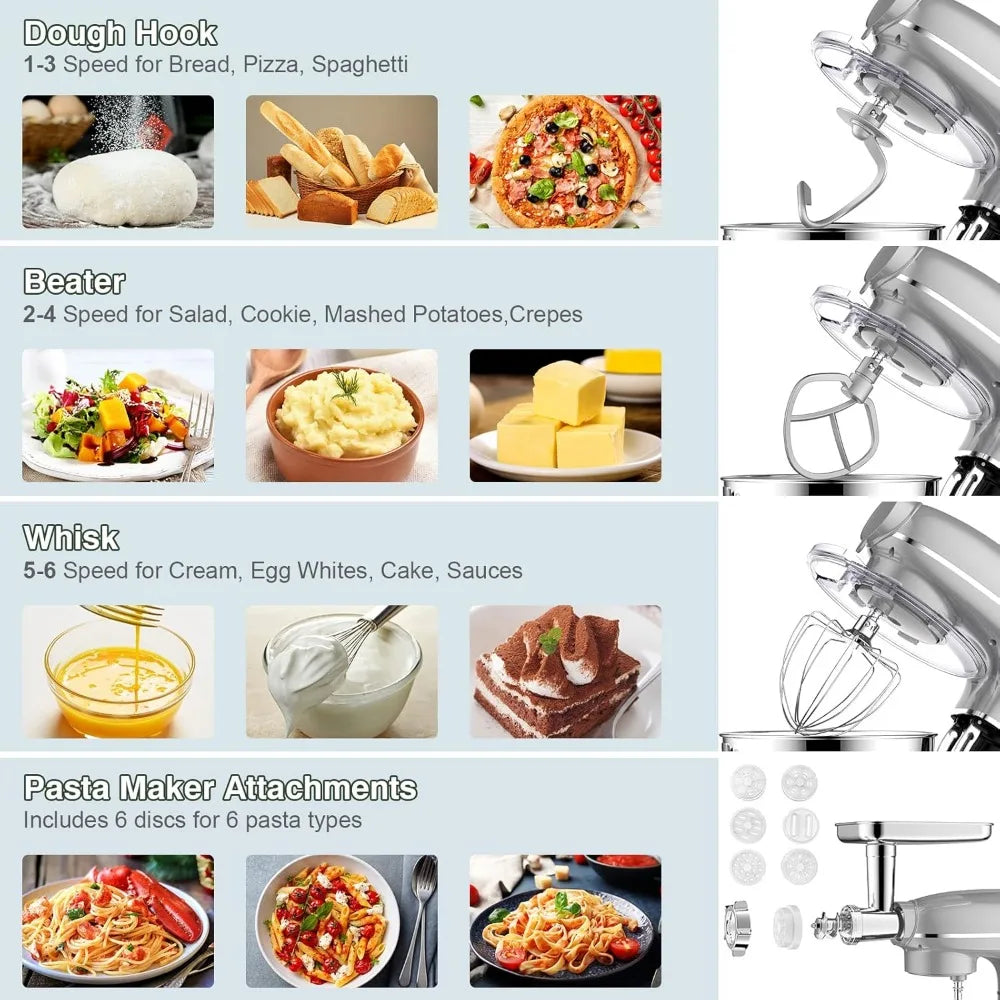 BABROUN Stand Mixer 6 IN 1 Multifunctional w/6.5QT Stainless Steel Bowl 1.5L Glass Jar/Meat Grinder