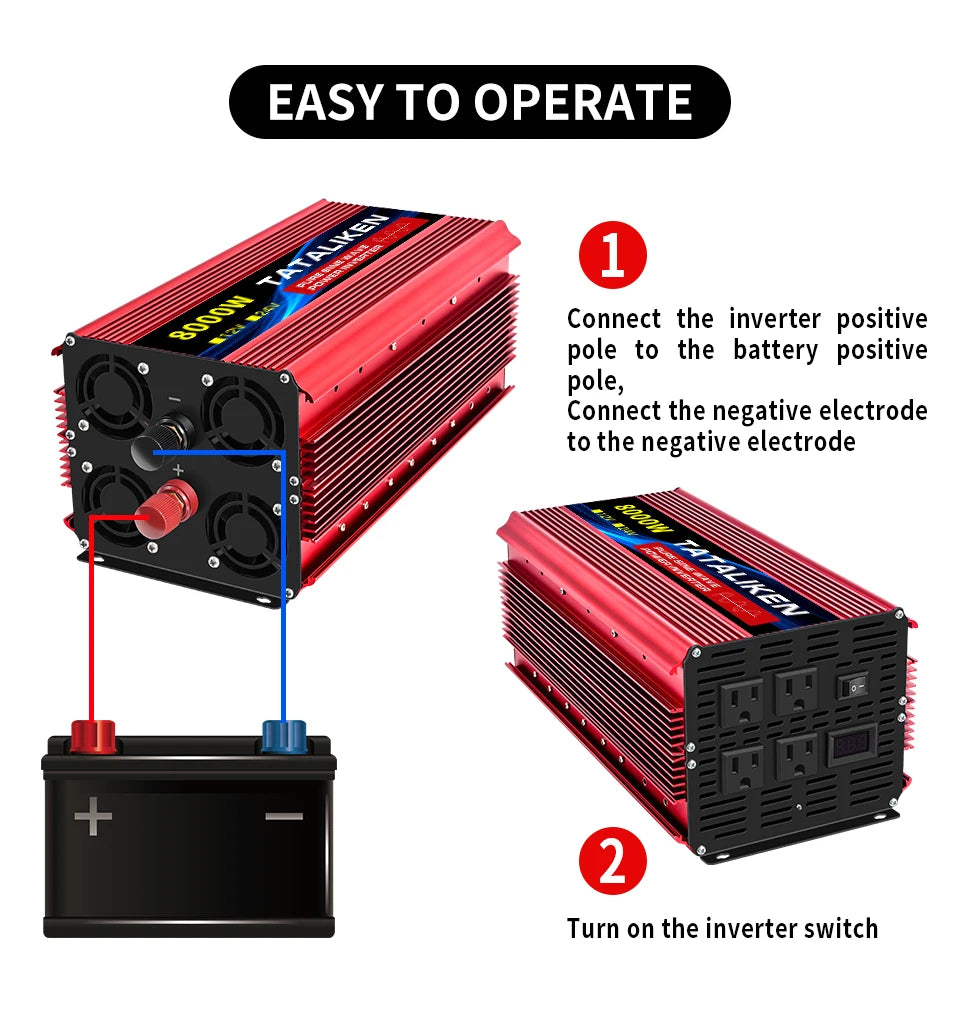 Power Inverter 10000W DC12V to AC110V 60HZ Pure Sine Wave Inverter w/LCD Display Remote 4AC Outlets