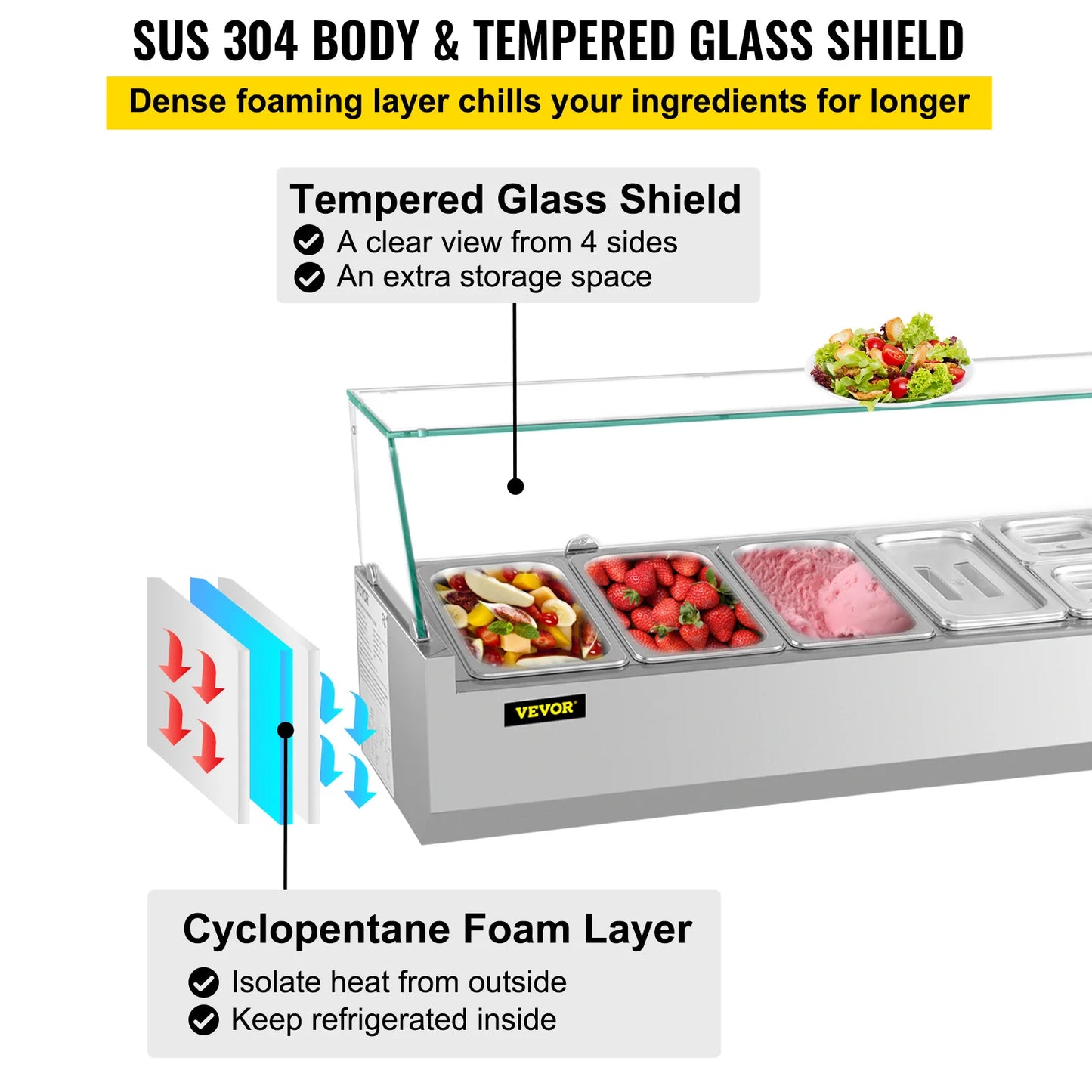 VEVOR 40/60" Auto Defr Refrigerated Condiment Prep Station Temp Display Sandwich Salad Prep Table