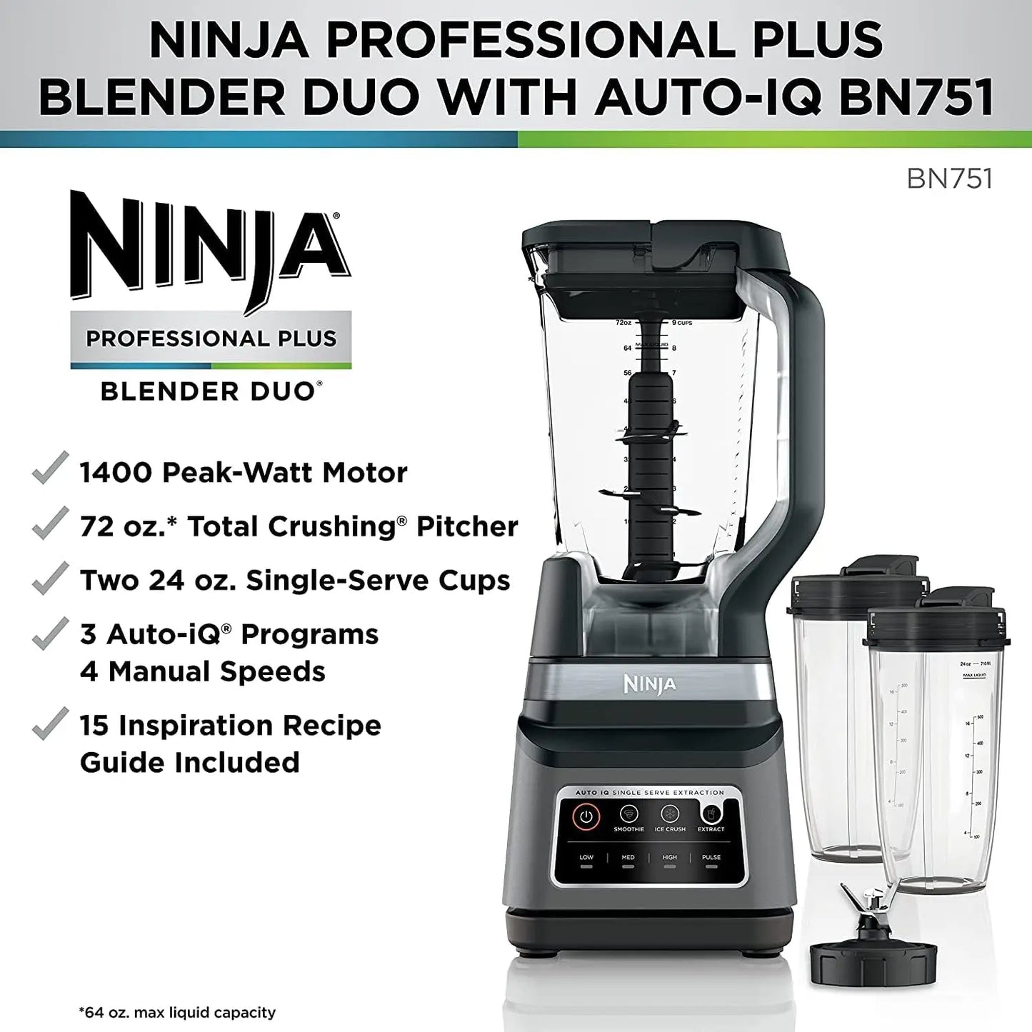 BN751 Professional Plus DUO Blender 1400 Peak Watts 3 Auto-IQ Programs for Smoothies Frozen Drinks