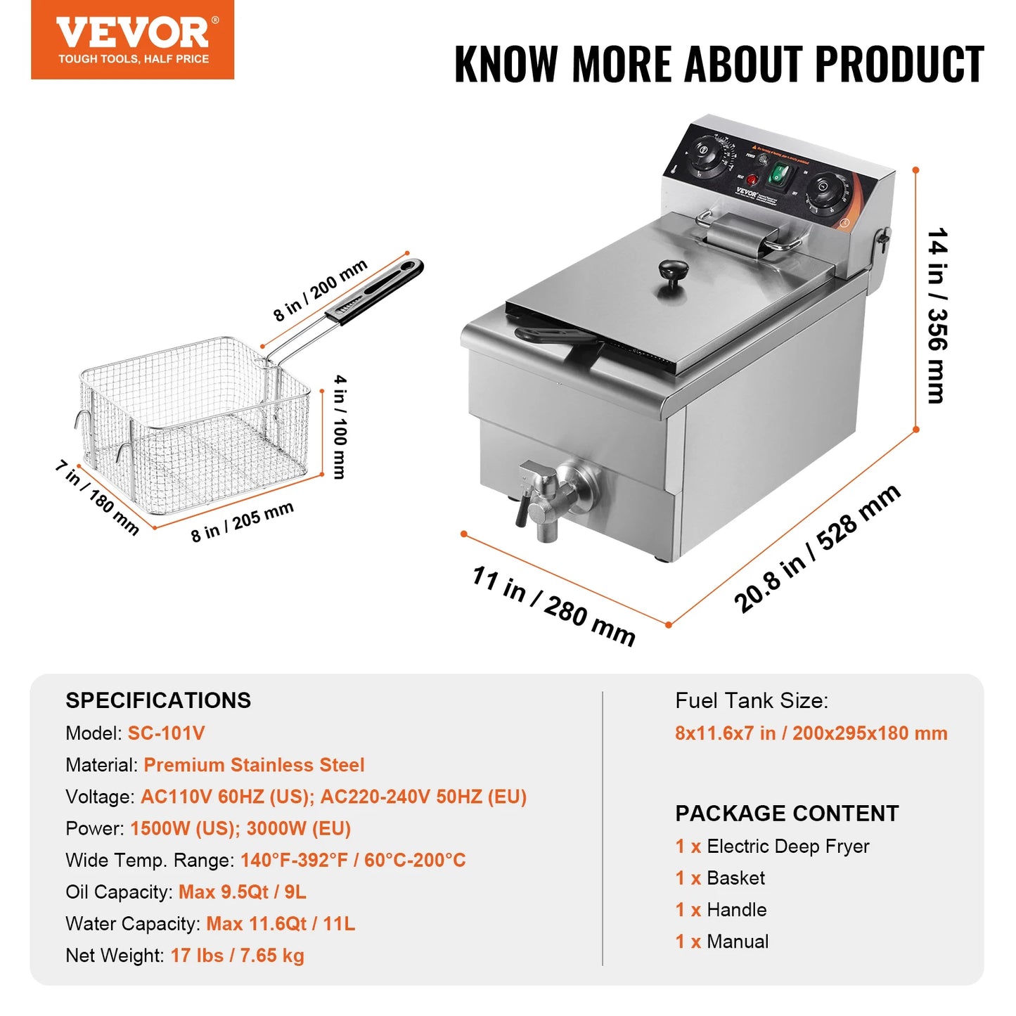 SucceBuy Commercial Deep Fryer Electric Countertop Fryer 11.6Qt Stainless Steel Single Oil Fryer