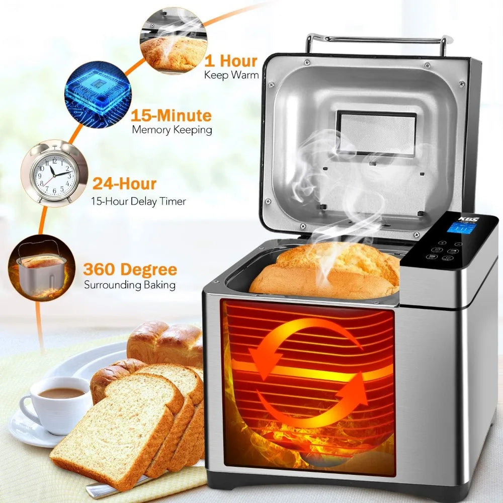 Stainless Steel Bread Machine, 2LB 17-in-1 Programmable XL Bread Maker with Fruit Nut Dispenser