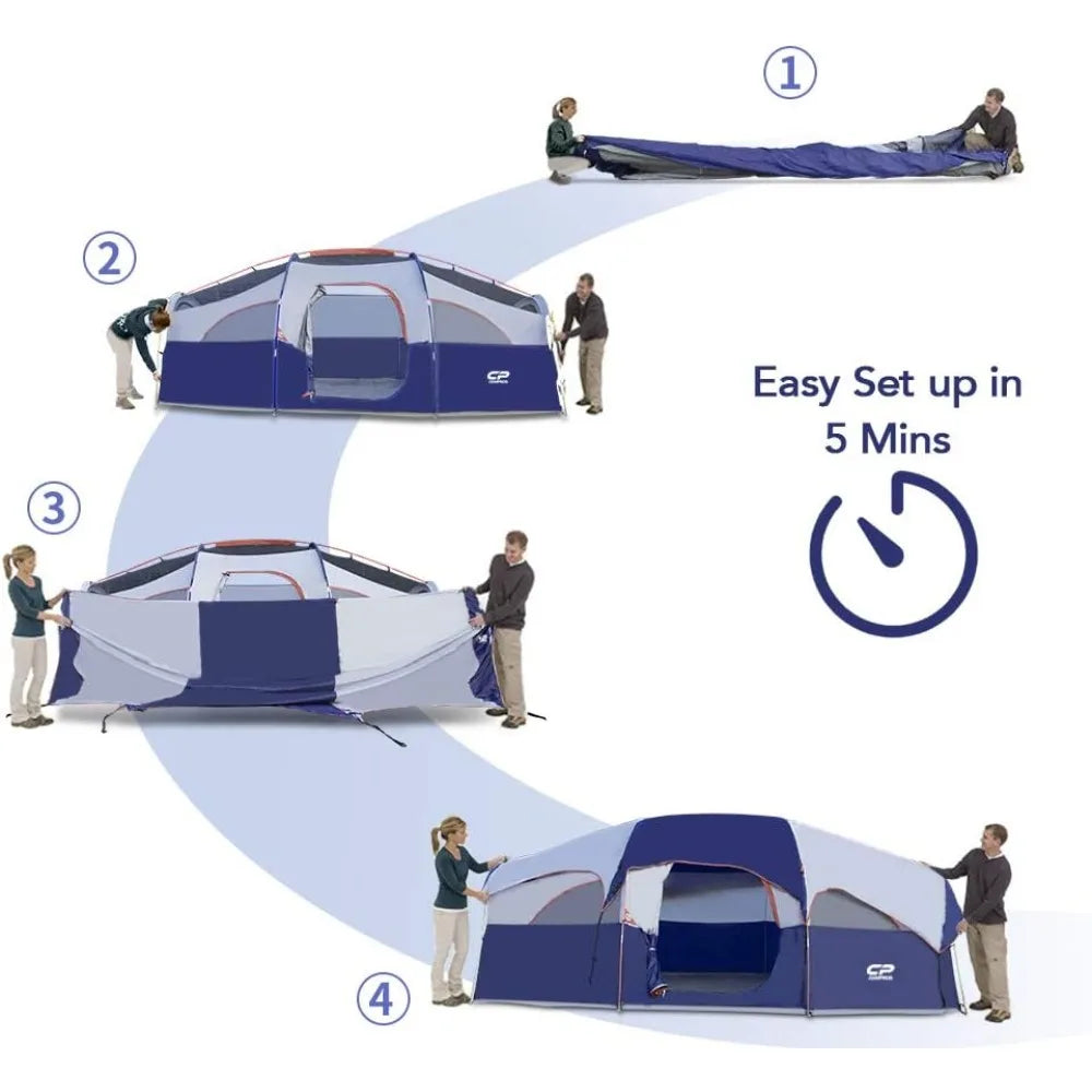 8 Person Camping Tent/ Weather Resistant, 5 Large Mesh Windows, Double Layer, Divided Curtain