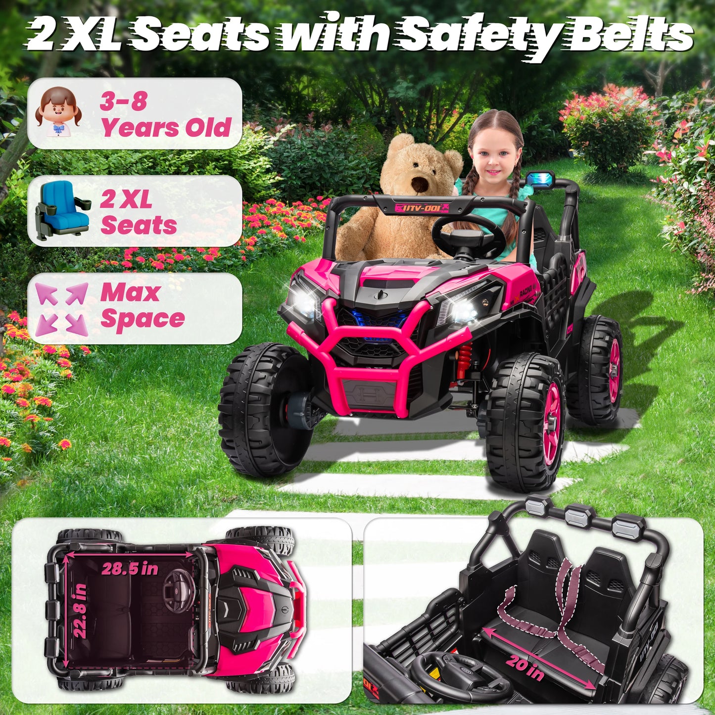 24V XL 2 Seater Ride on Toys Car for Girls, 2WD/4WD Switchable Off-Road UTV w/Long-Endurance Battery