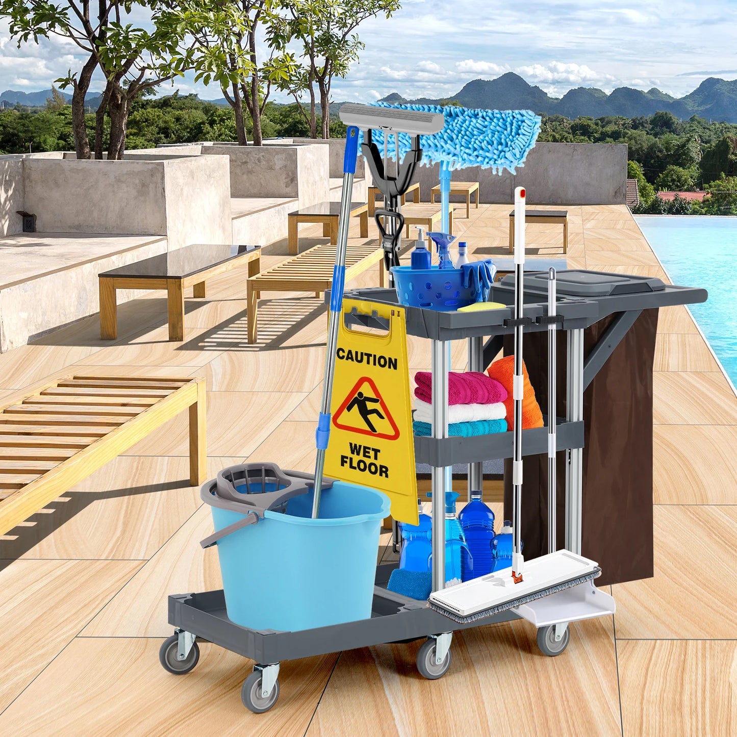 Cleaning Janitorial Cart On Wheels,25 Gallon Vinyl bag, Extra-Large Front Platform,Heavy-Duty