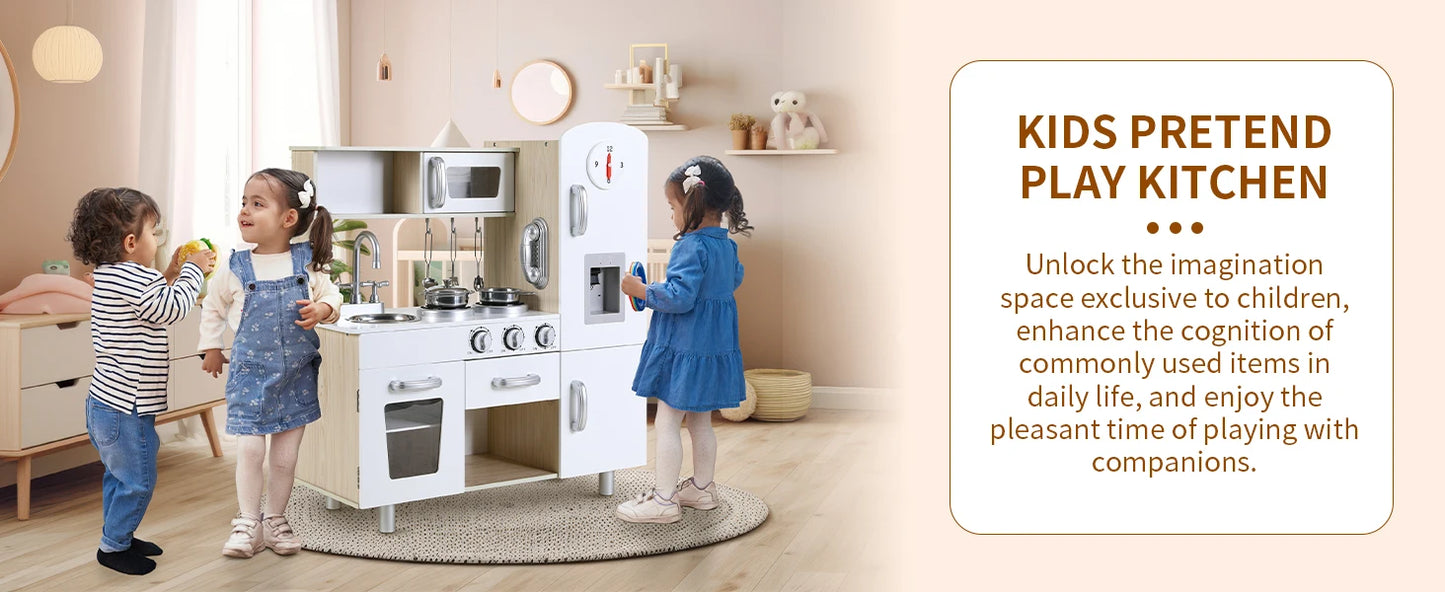 Kids Kitchen Playset, Preschool Cooking Kitchen, Toddler Wooden Pretend Play Toy w/Fridge, Stove