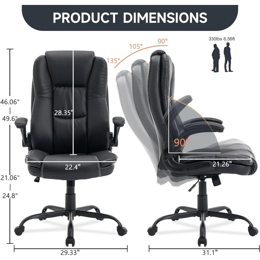 Leather Executive Office Chair, Ergonomic Home Office Desk Chair with Flip-up Arms and Back Support